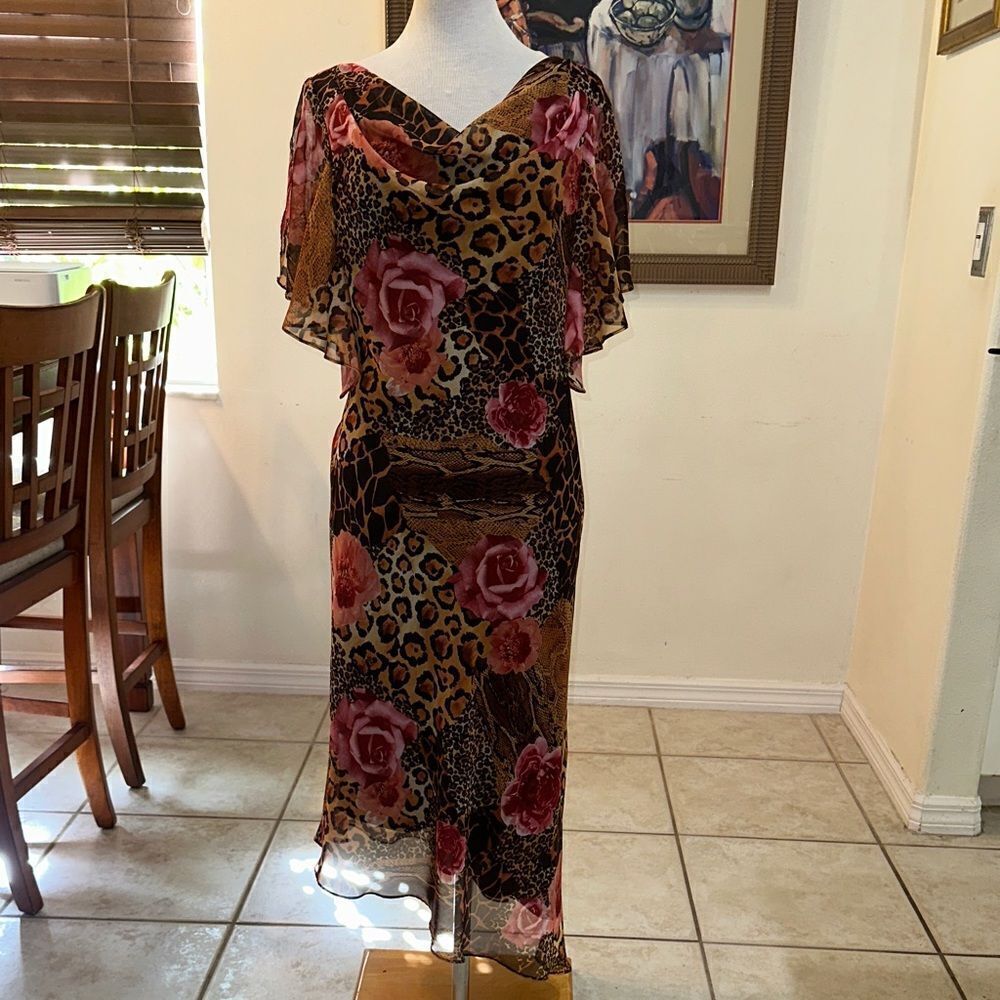 Patra Leopard/Rose Print Asymmetrical Ruffle Sleeve Dress Size 14